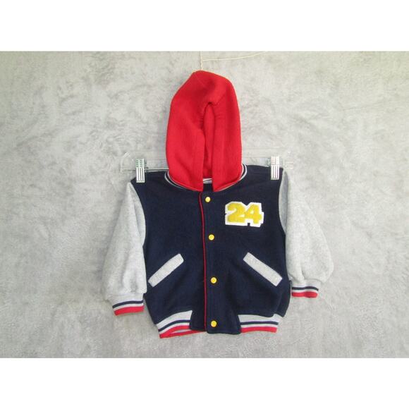 Vintage Baby Kisses Varsity Jacket 24 Patch Hooded Fleece Boys 18M Blue Red - Picture 1 of 7